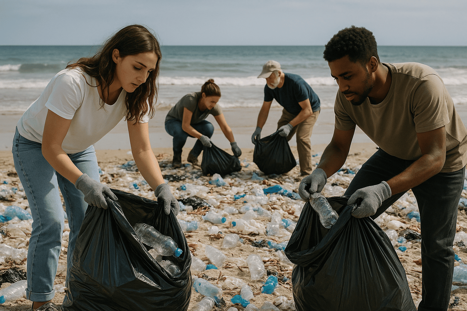 Bénévoles qui collectent des déchets plastiques sur la plage